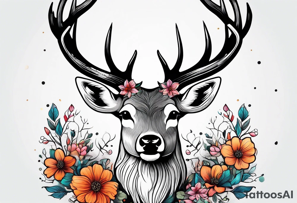 deer with antlers in flower tattoo idea