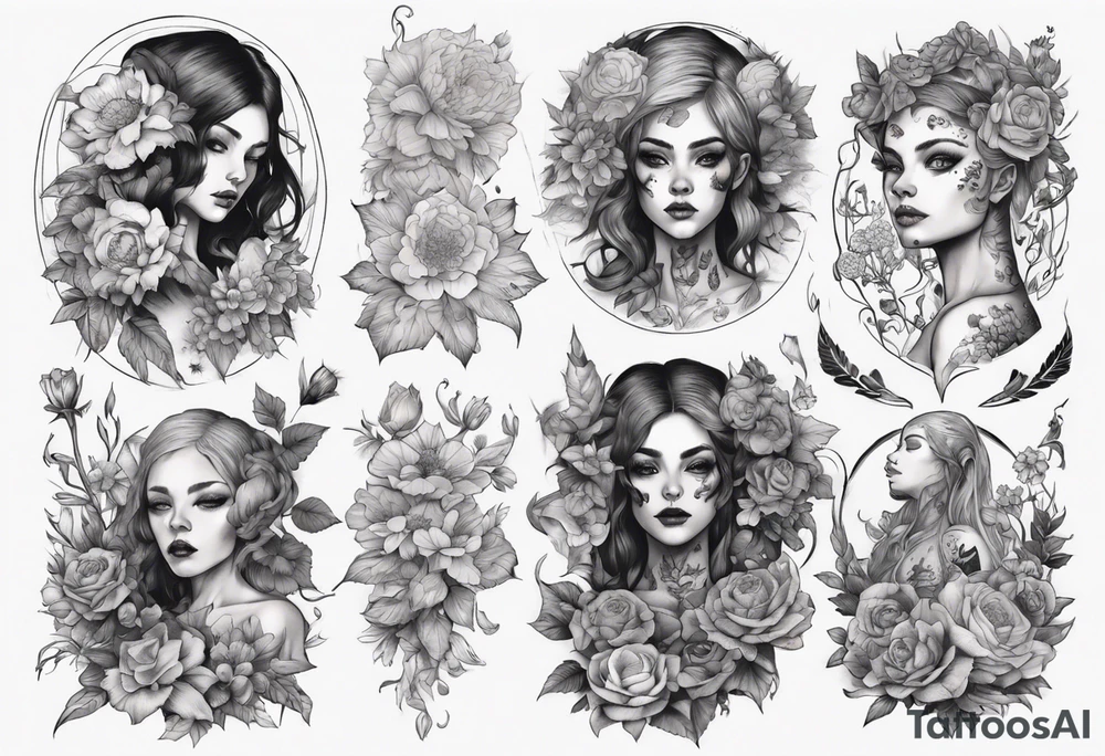 sleeve with many flowers around it and a dark elf girl tattoo idea