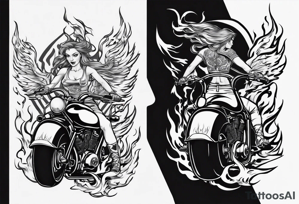 i want a tattoo of a girl riding a motorcycle with flames the words “Viking Customs” tattoo idea