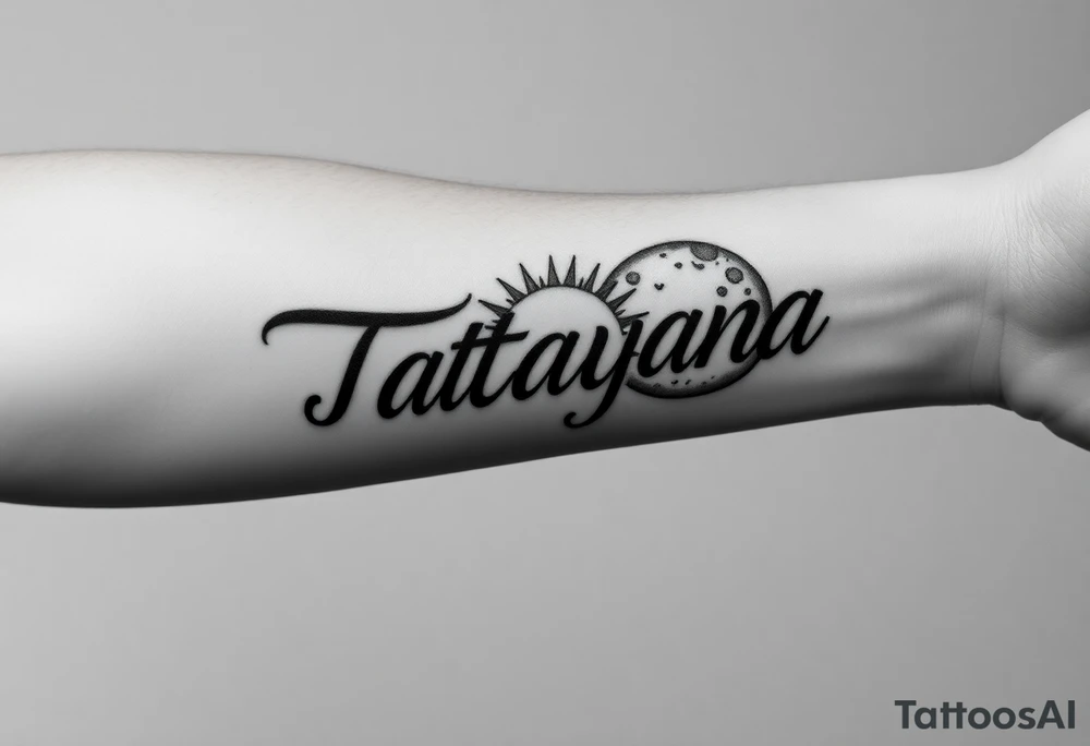 Forearm tattoo for a man using the name “Tatayana” Starting from the wrist, stretching to the elbow with the sun and moon tattoo idea