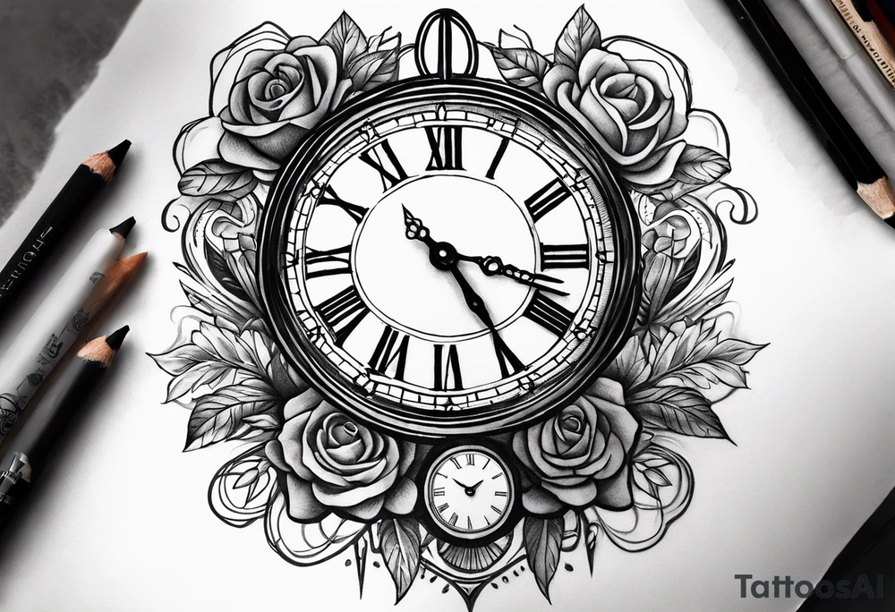 Draw me a tattoo located on the shoulder and upper arm of a man. The tattoo represents a clock and  an hourglass with Roman numerals in the background. It is a symbol of the passing of time. tattoo idea