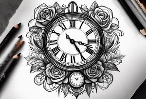 Draw me a tattoo located on the shoulder and upper arm of a man. The tattoo represents a clock and  an hourglass with Roman numerals in the background. It is a symbol of the passing of time. tattoo idea