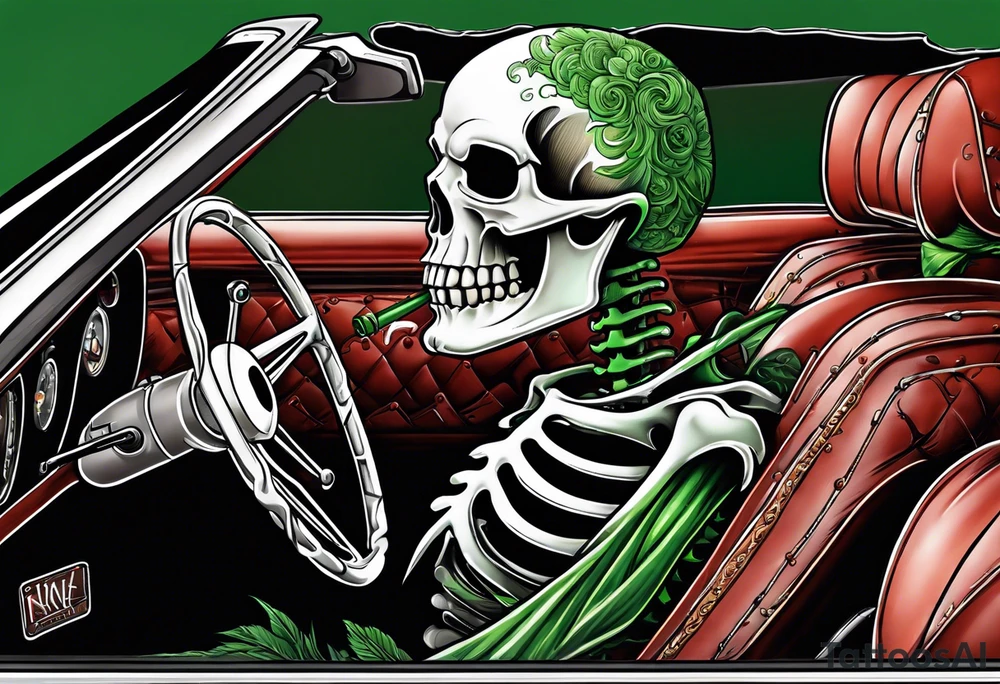 Skeleton smoking a cigarette driving a green 1976 convertible Corvette tattoo idea