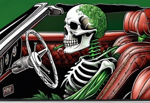 Skeleton smoking a cigarette driving a green 1976 convertible Corvette tattoo idea