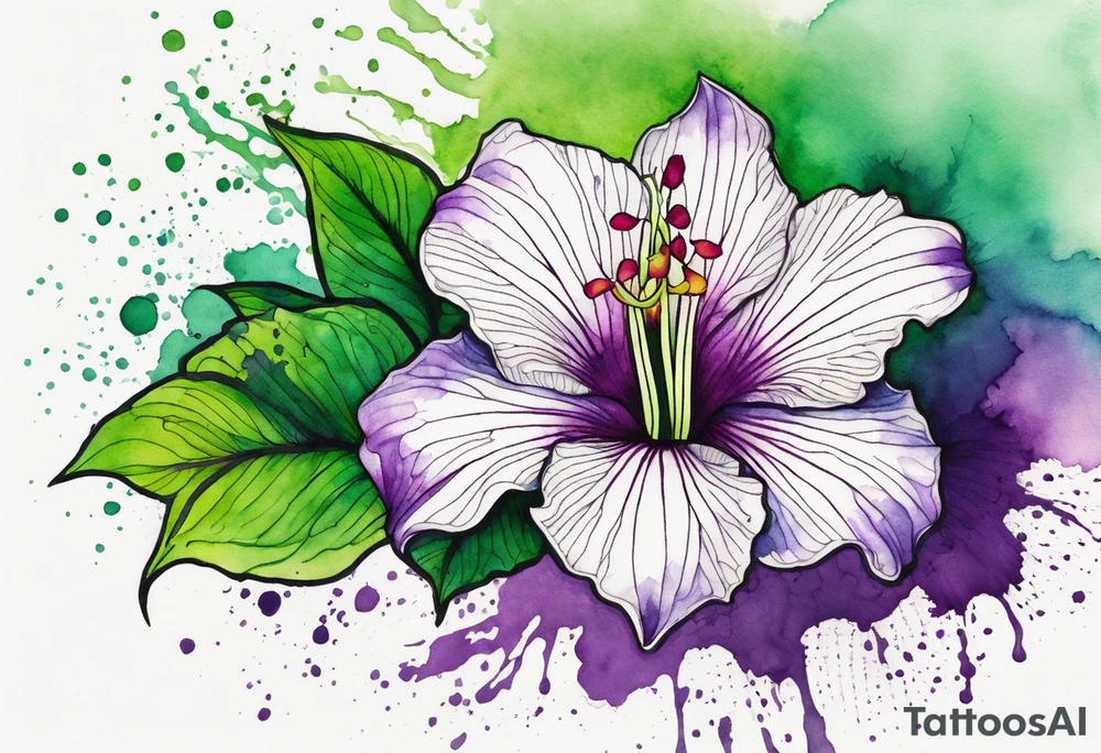 An outline of an only green rio dipladenia flower and a green/purple watercolor splash in the background tattoo idea