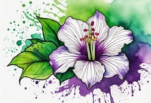 An outline of an only green rio dipladenia flower and a green/purple watercolor splash in the background tattoo idea