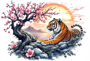 Tiger and cherry blossom tree, beautiful sunset in background tattoo idea