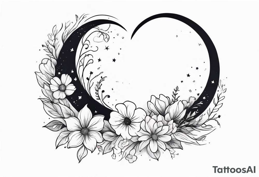 Crescent moon with a heart inside, shrouded by beautiful flowers with wisps of mist tattoo idea