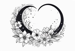 Crescent moon with a heart inside, shrouded by beautiful flowers with wisps of mist tattoo idea