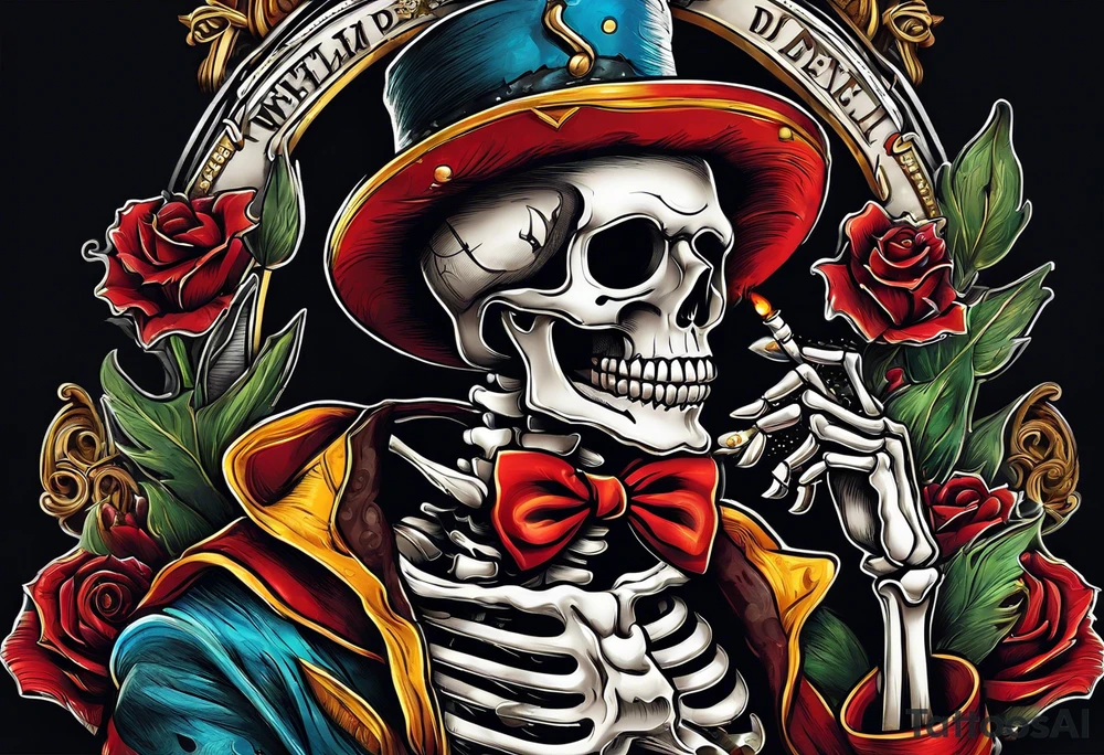 skeleton smoking cigar with poker chips, dealing the cards
"Don't deal with the devil" tattoo idea