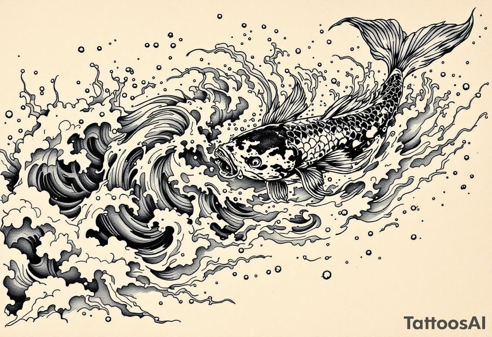 traditional koi fish swimming upstream through turbulent waves tattoo idea