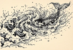 traditional koi fish swimming upstream through turbulent waves tattoo idea