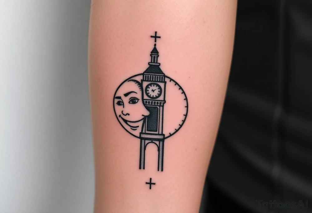 Smile face sad face happy face with clock tower tattoo idea