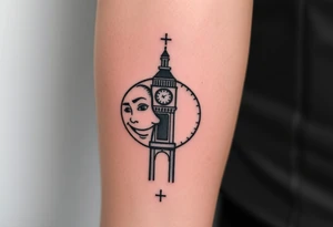 Smile face sad face happy face with clock tower tattoo idea