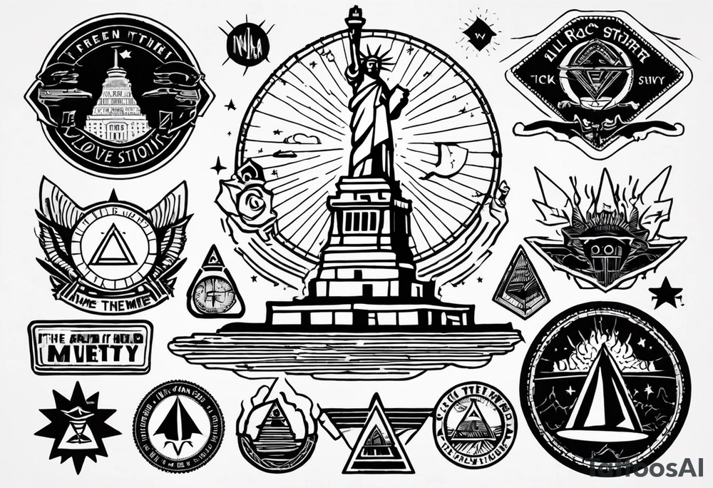 Bill Cipher
 Rick and Morty
 Statue of Liberty USA
 The amazon badge.
 Some kind of reference to engineering and architecture
 $ ₿£ ₿ € £ badges.
 Airplane ticket
 Palms
 Sunset
 Surfing
 Something Masonic: eye, hand with an eye, circlet
 Abstract lines
Words FREEDOOM, LOVE, TIME tattoo idea