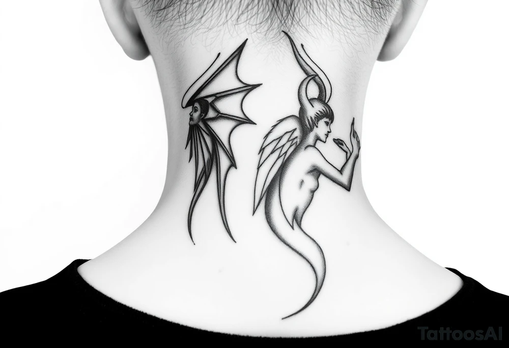 position behind the neck Angel (on the right) whispering in the right ear, demon (on the left) whispering in the left ear tattoo idea