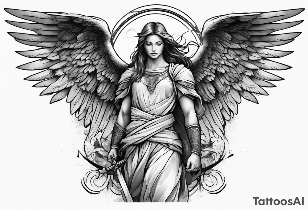 Spiritual warfare sleeve centered around large angel on the bicep tattoo idea