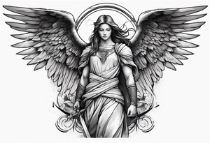 Spiritual warfare sleeve centered around large angel on the bicep tattoo idea