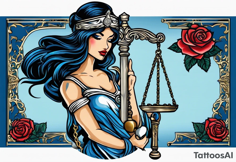 Lady Justice, 
Blindfold:
Scales: 
 Lady Justice is shown with black hair, which is a unique artistic choice compared to the more traditional representations. The scales, blindfold, and sword are all present, adhering to the classic iconography but with a modern and colorful twist. blue roses frames, background blue,present it in a tattoo tattoo idea