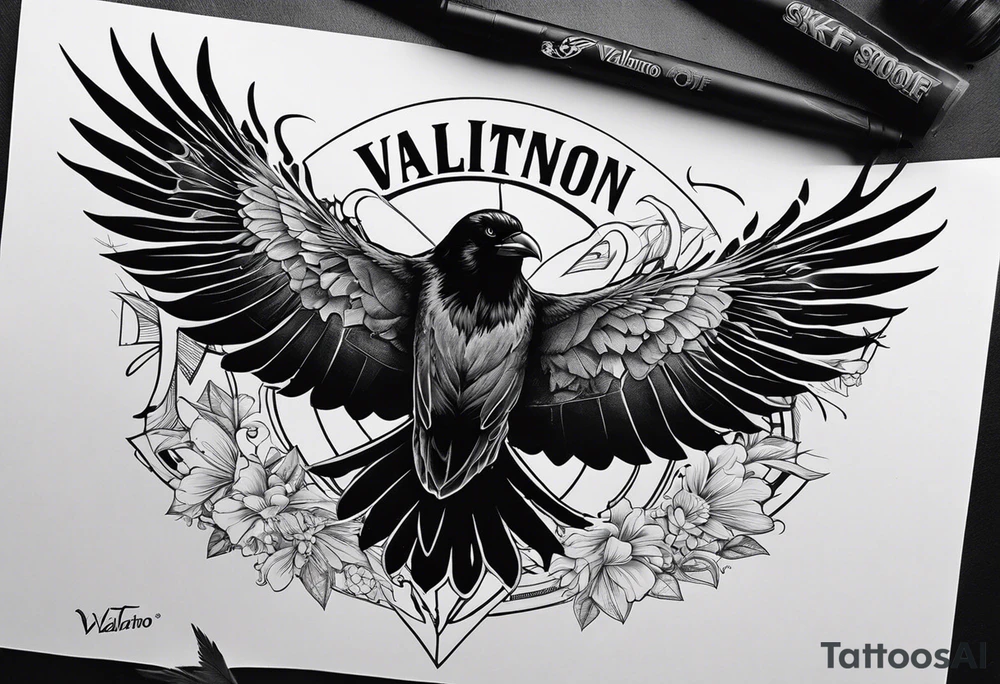 Black and white tattoo. The main image is a raven and a butterfly flying together towards the sky. The raven is shrouded in light and the butterfly in darkness. In the background you can see a 46 (from Valentino Rossi). You can also see a small scorpion and an 89, as well as a large lettering that reads "SKF". tattoo idea