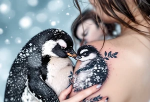 A penguin mother in black and white cuddling her chick in a snowy blue background shows warmth and constant presence. tattoo idea