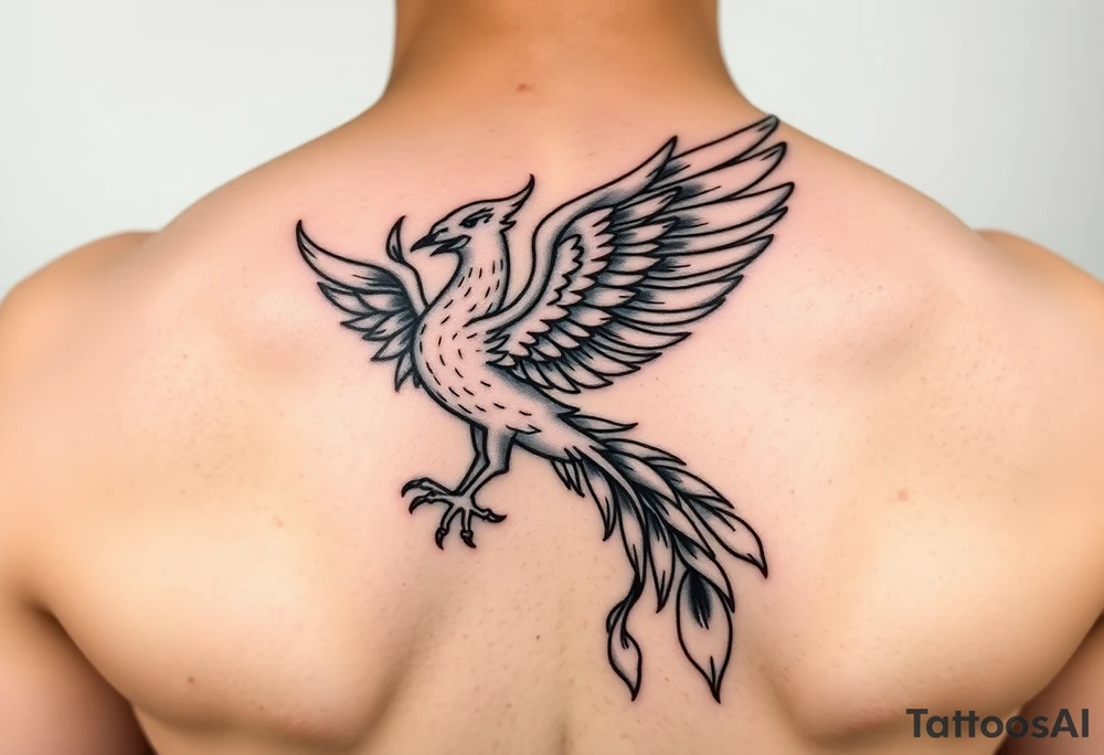 magnificent phoenix rising from golden flames with trailing embers tattoo idea