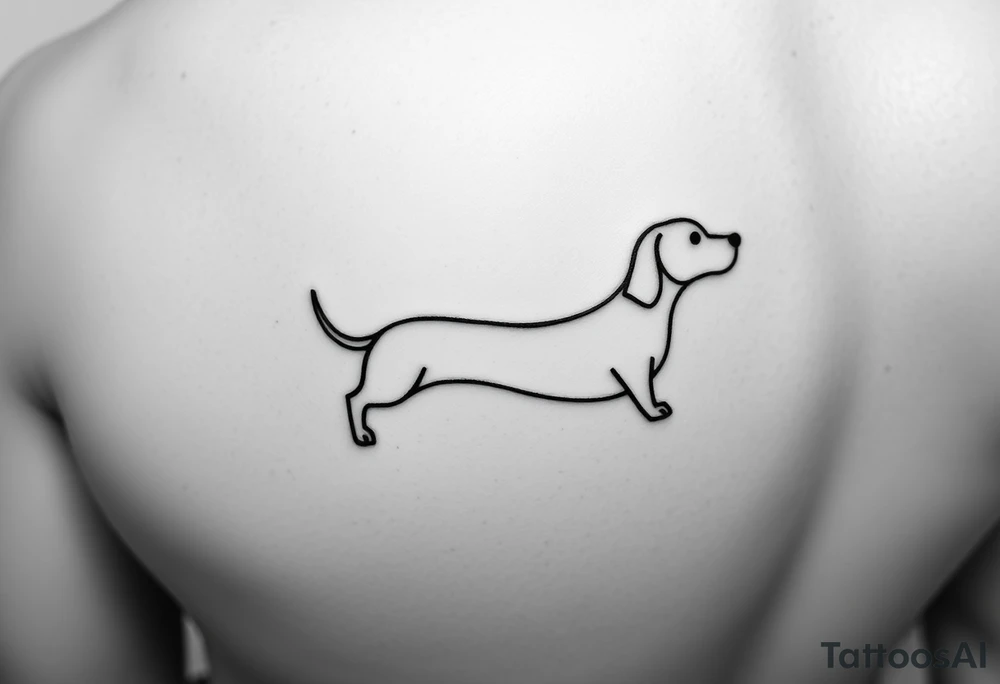 A minimalist black and white tattoo design featuring a dachshund (sausage dog). The dog’s long body forms a continuous, single bold line that wraps around the arm in a spiral, starting with the tail and ending with the head and face. The design should look elegant, clean, and playful, emphasizing the dachshund’s elongated shape and flowing movement around the arm. tattoo idea