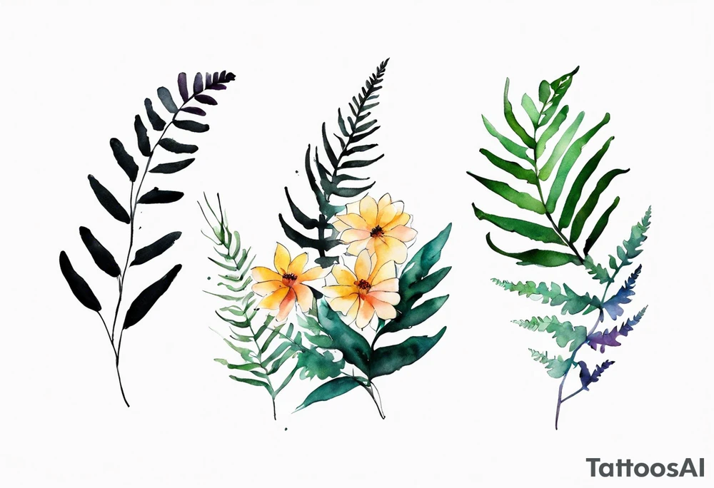 Three wild flowers with ferns all watercolor tattoo idea