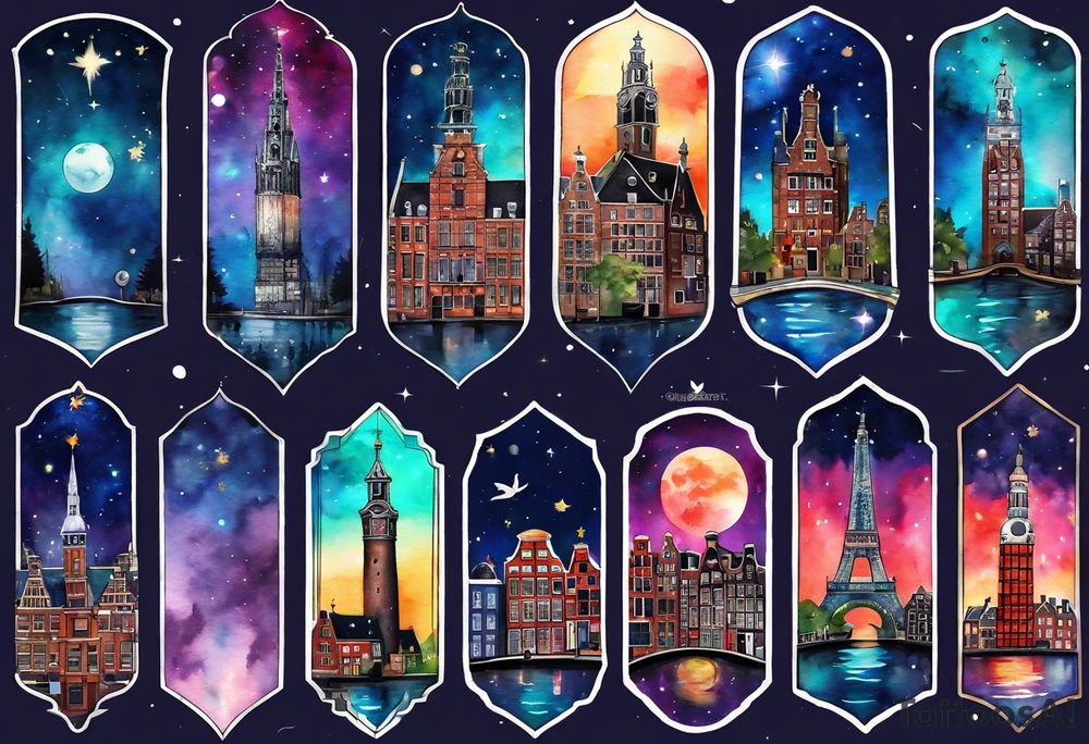 Arm tattoo, Animals in space suits, birds, stag, fox, watercolour of animals made from glass in Amsterdam featuring Amsterdam buildings and Amsterdam canal in galaxy colours featuring pineapples as space colours, galaxy colours, night sky, pineapples tattoo idea