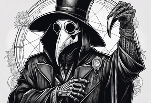 plague doctor with a skeleton hand holding medicine tattoo idea