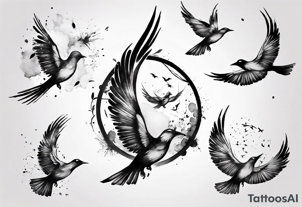 shoulder tattoo with light rays with birds flying free among the clouds, round shape, 3d effect tattoo idea