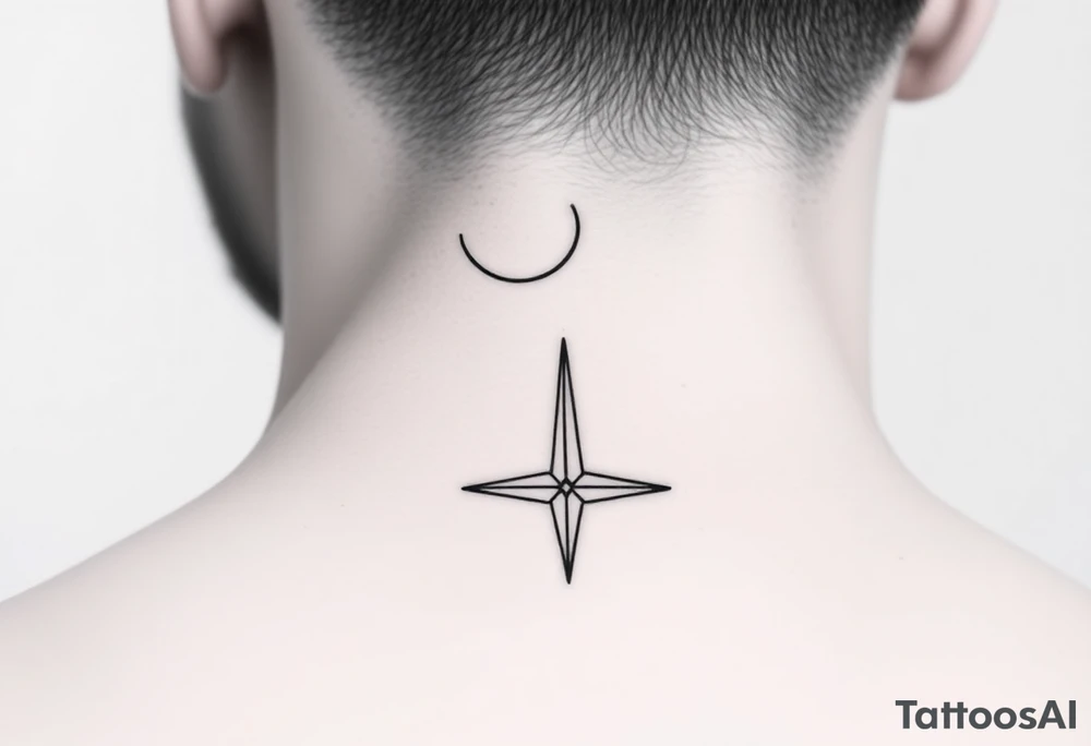 A minimalist crescent moon neck tattoo with a sleek, modern design. The crescent moon is positioned at the top, curving to the left, with a thin, clean line. Below the moon, there is a vertical line intersected by a sharp, star-like shape with four points. The star shape has elongated top and bottom points, giving it a clean, symmetrical look. The tattoo is placed behind the ear, following the natural curve of the neck. The lines are crisp and delicate, creating a stylish, celestial vibe." tattoo idea