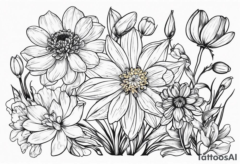 Narcissus, Chrysanthemum, Cosmos, snow drop flowers. For the back or an arm tattoo idea