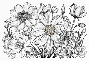 Narcissus, Chrysanthemum, Cosmos, snow drop flowers. For the back or an arm tattoo idea
