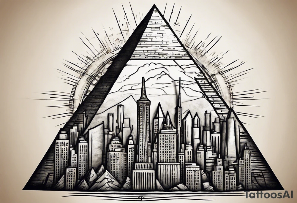 Create a visually dynamic tattoo that seamlessly blends the timeless elegance of the three Pyramids of Giza with the modern allure of the Manhattan skyline. Envision the pyramids standing majestically, perhaps incorporating subtle Egyptian motifs like hieroglyphs or an ankh, transitioning smoothly into the iconic structures of New York, such as the Empire State Building and One World Trade Center. tattoo idea