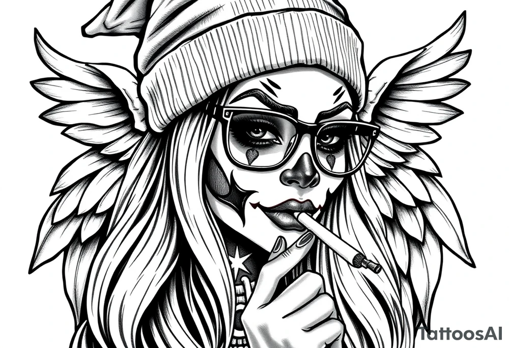 Chicana sexy beautiful long hair clown makeup angel wings thug beanie eyeglasses smoking a cigarette tattoo idea