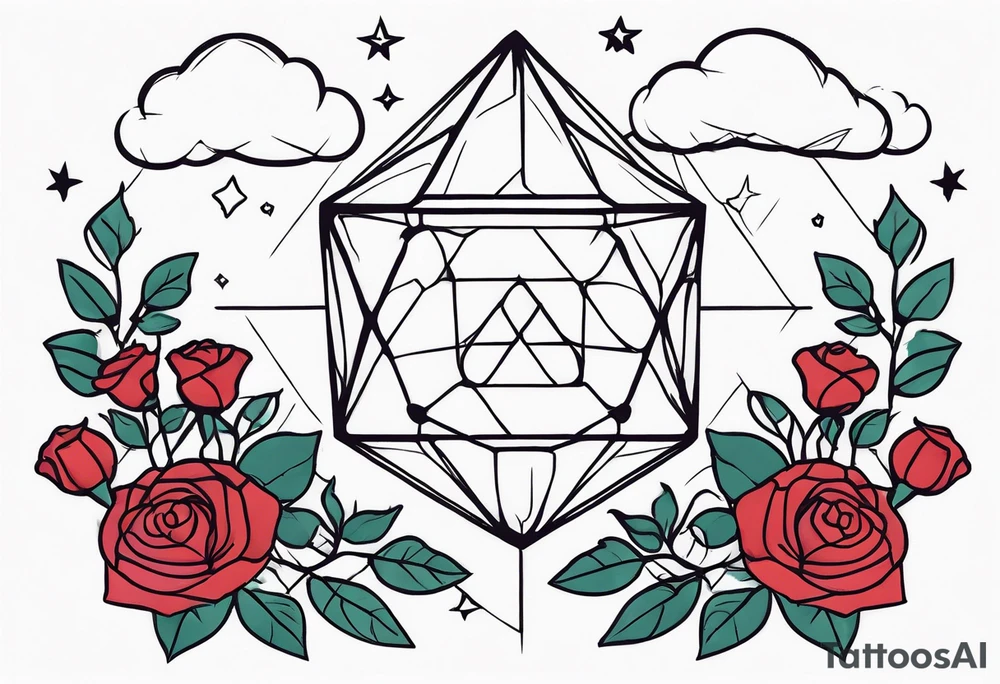 Tesseract with clouds small roses and stars around it tattoo idea