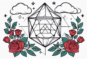 Tesseract with clouds small roses and stars around it tattoo idea