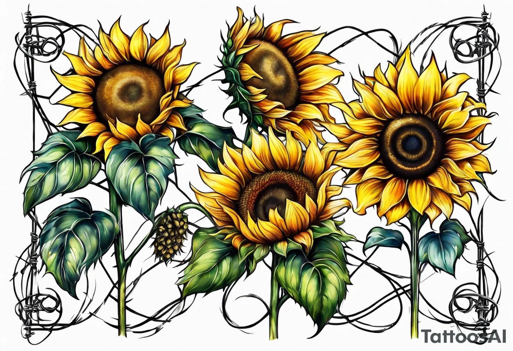 Sunflower, wheat, and barbed wire half sleeve tattoo idea