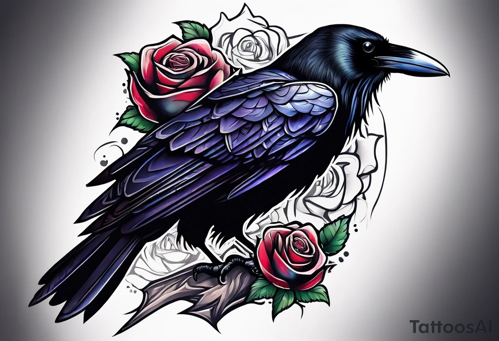 Raven looking back over shoulder with a rose underneath it tattoo idea