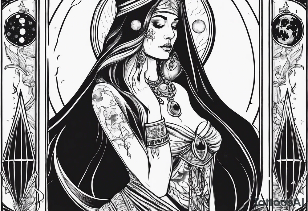 High priestess as a skeleton with moon tarot card tattoo idea