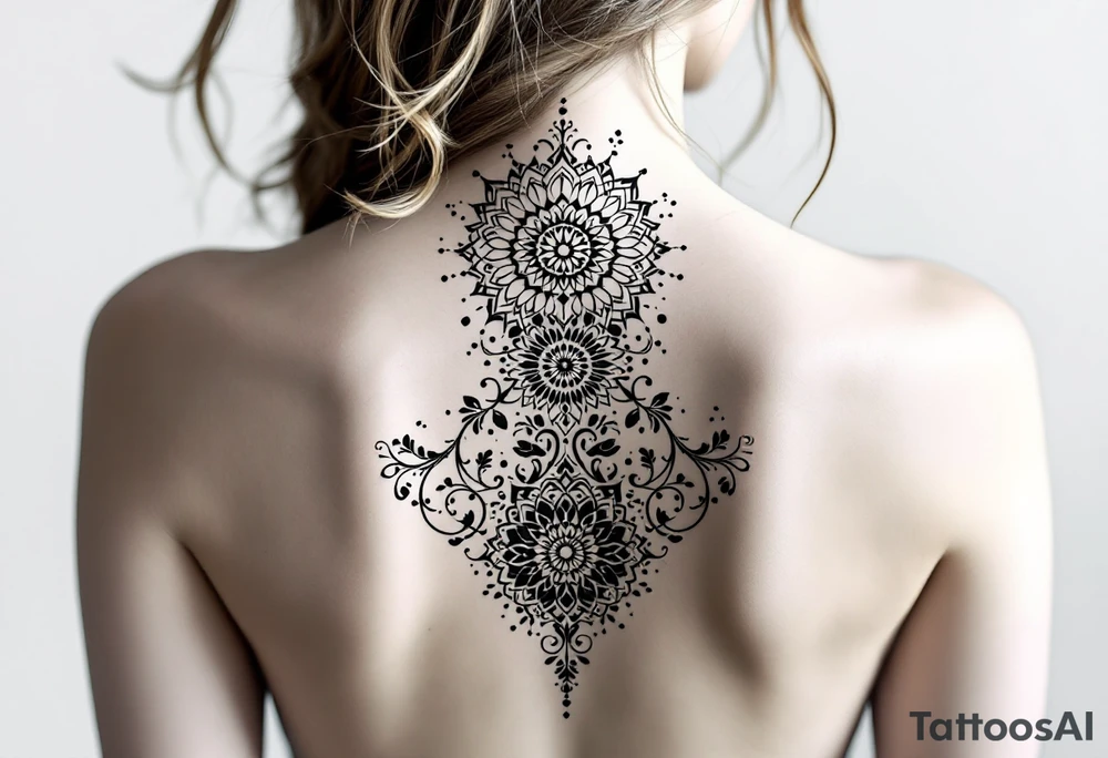 spine tattoo design with symmetrical ornamental patterns, combining dotwork, mandala elements, and flowing lines that follow the natural curves of the body. The design is intricate and balanced.” tattoo idea