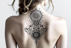 spine tattoo design with symmetrical ornamental patterns, combining dotwork, mandala elements, and flowing lines that follow the natural curves of the body. The design is intricate and balanced.” tattoo idea