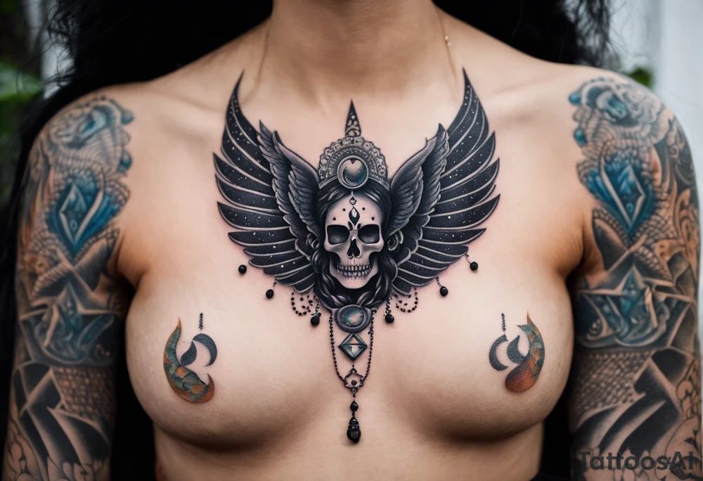 black kali, goddess pirate, alien, angel, pachamama, valkrye, warrior, flying, skull, lotus azul, wing, eagle, zenza resonance, stars, 5D, anahata chakra, death, durga, riding on a tiger, flying lady, chest tatoo tattoo idea