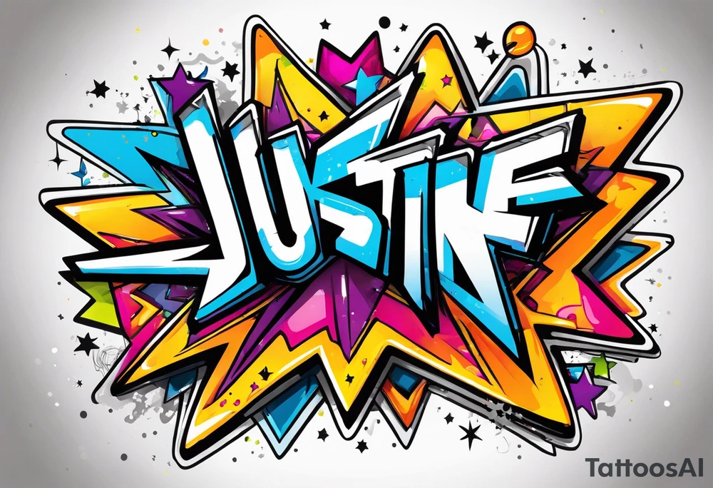 Graffiti style name in Justine in a star tattoo idea