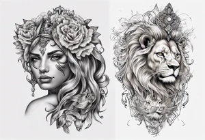 a tattoo which the face will be devided to 2 parts , half lion half godess tattoo idea