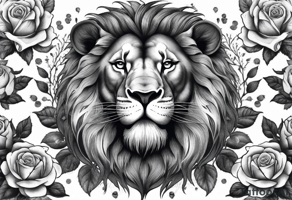 Powerful lion roaring surrounded by roses tattoo idea