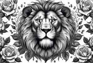 Powerful lion roaring surrounded by roses tattoo idea