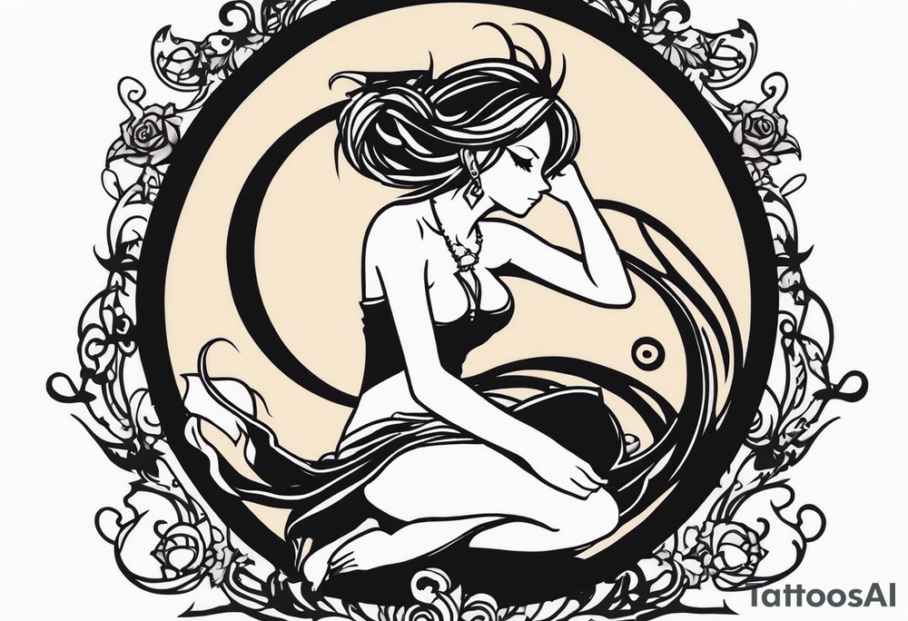 A fairy with a tail inspired by the logo of the show called Fairy Tail leaning in with her body tattoo idea
