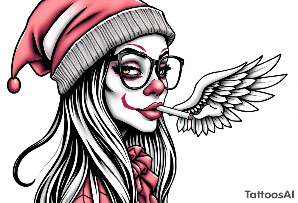 beautiful long hair Clown Girl thug beanie eyeglasses angel wings smoking cigarette tattoo idea